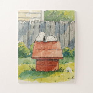 Puzzle Aquarelle Chien Endormi sur une niche rouge