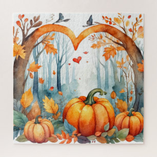 Puzzle Aquarelle Citrouille forestier d'automne au coeur