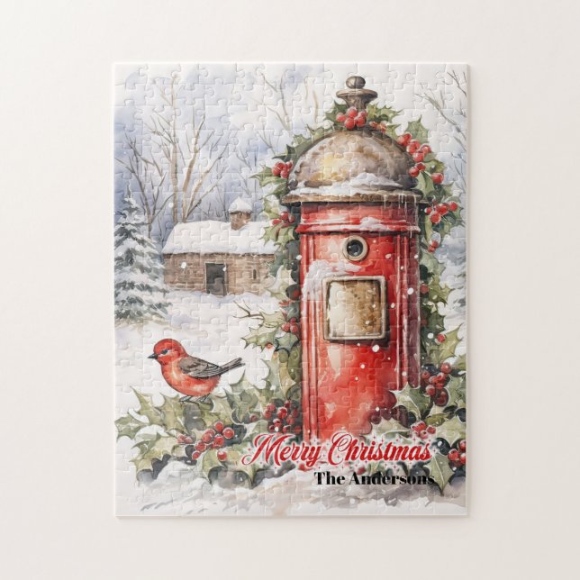 Puzzle Aquarelle classique scène de Noël avec rouge rouge (Vertical)