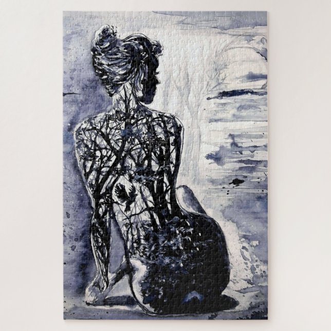 Puzzle Aquarelle - Dame de la nature - Noir et blanc - (Vertical)