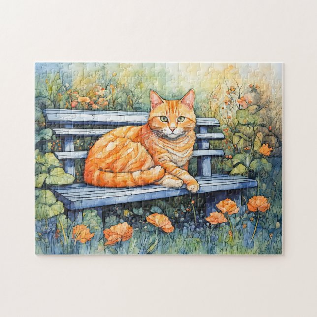 Puzzle Aquarelle de chat sur banc dans le jardin de fleur (Horizontal)
