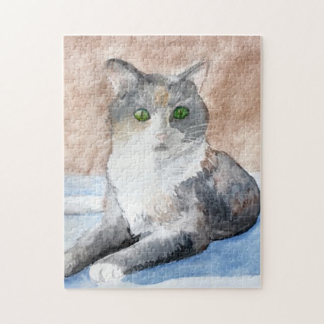 Puzzle Aquarelle de chat vert, gris, blanc et Brown (Vertical)