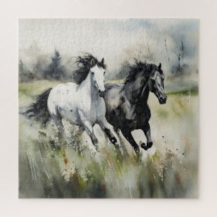 Puzzle Aquarelle de Chevaux noirs blancs