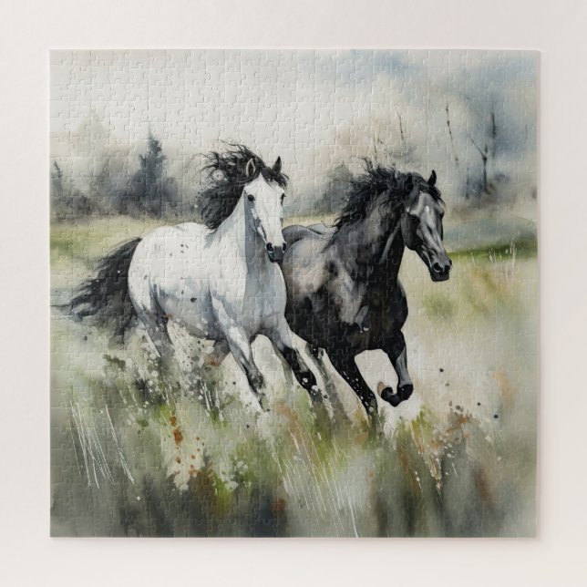 Puzzle Aquarelle de Chevaux noirs blancs (Vertical)