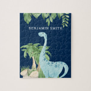 Puzzle Aquarelle Dinosaure Mignon Bleu Nom Personnalisé