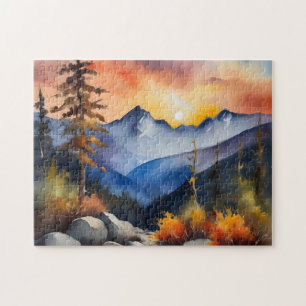 Puzzle Aquarelle du lever du soleil sur les montagnes enn