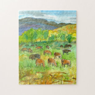 Puzzle Aquarelle du pâturage de montagne des vaches