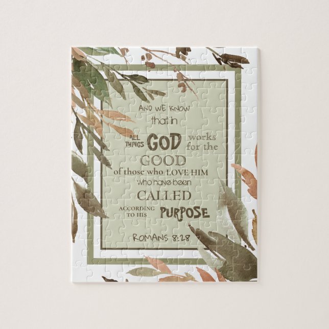 Puzzle Aquarelle Feuille Romains 8:28 Verse de la Bible (Vertical)