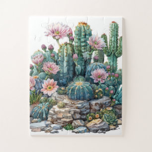 Puzzle Aquarelle fleurs du désert cactus.