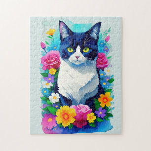 Puzzle Aquarelle florale colorée Chat peint