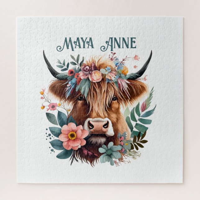 Puzzle Aquarelle florale de la vache de Highland (Vertical)
