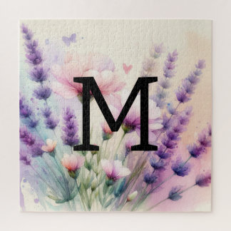 Puzzle Aquarelle florale monogramme rose violet lavande