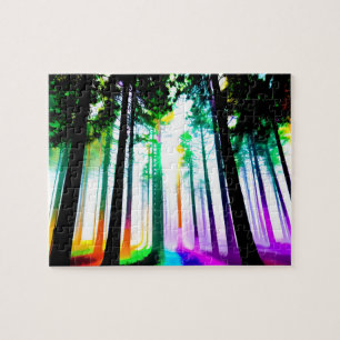 Puzzle Aquarelle Forêt arc-en-ciel avec Silhouette Arbres