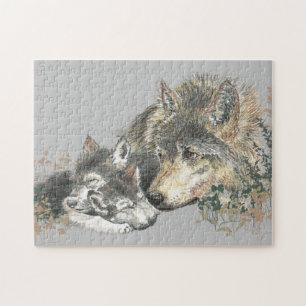 Puzzle Aquarelle Gris Loup maman ou papa & bébé