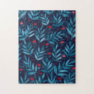 Puzzle Aquarelle jardin nocturne - turquoise, bleu et rou