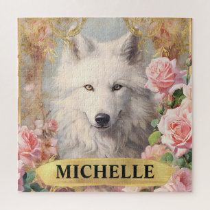 Puzzle Aquarelle Loup Blanc Vintage et Roses Roses