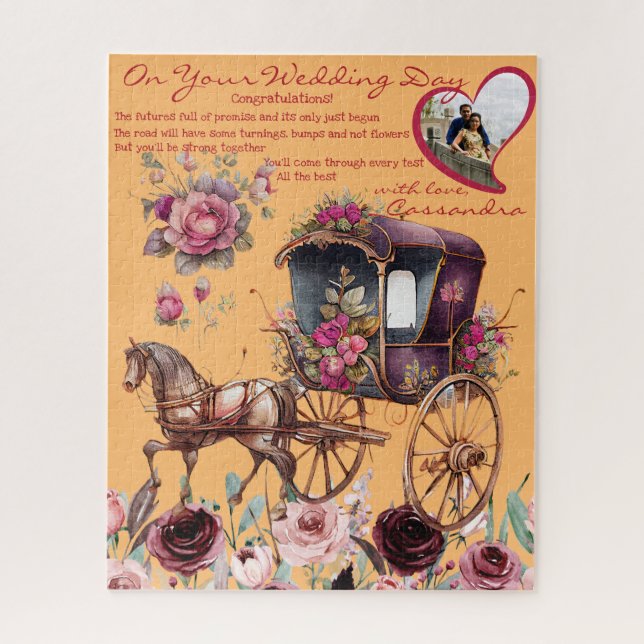 Puzzle Aquarelle Magenta Floral Carriage Nouveaux mariés  (Vertical)