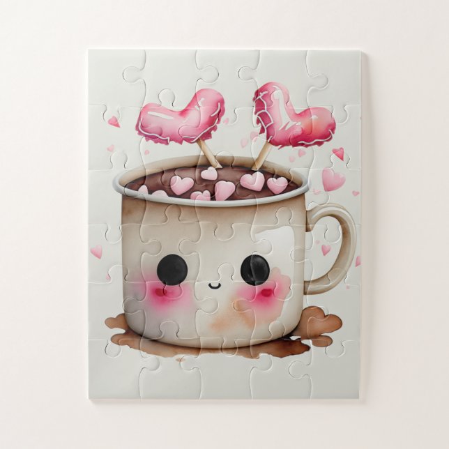 Puzzle Aquarelle mignonne Chocolat chaud Mug (Vertical)