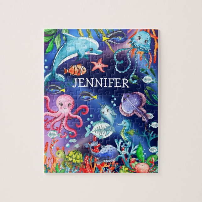 Puzzle Aquarelle mignonne sous l'océan Mer Créatures Bleu (Vertical)