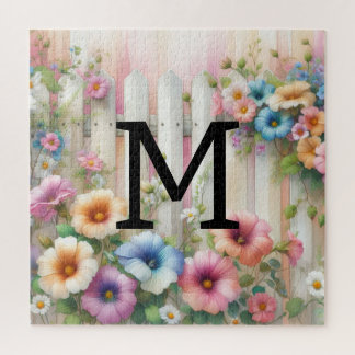 Puzzle Aquarelle monogramme pastille fleurs sur bois blan