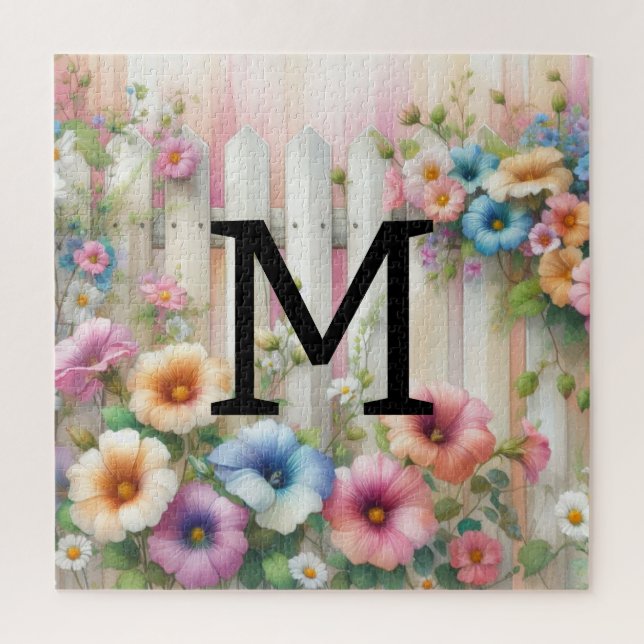 Puzzle Aquarelle monogramme pastille fleurs sur bois blan (Vertical)