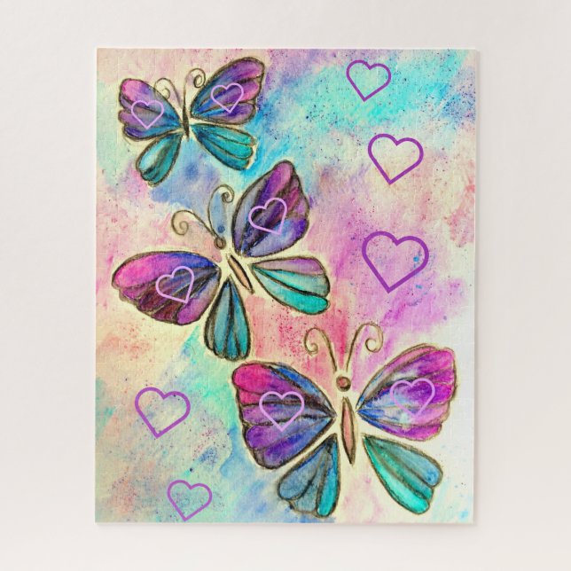 Puzzle Aquarelle - Papillons colorés - Coeurs - Doux (Vertical)