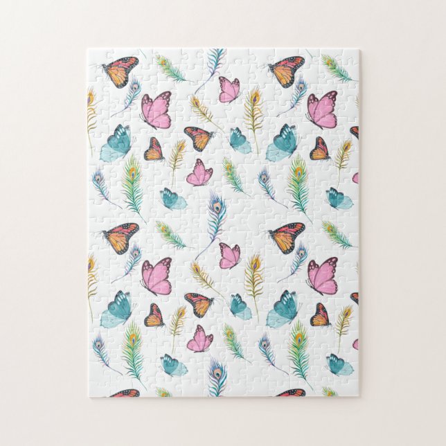 Puzzle Aquarelle Peacock plumes et papillons (Vertical)