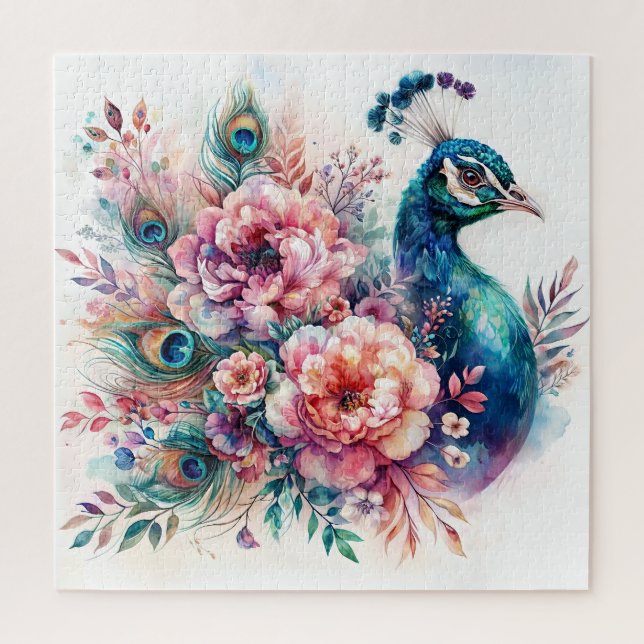 Puzzle Aquarelle Peacock Portrait floral (Vertical)
