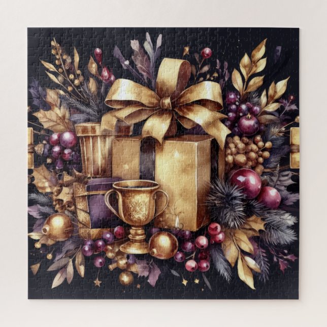 Puzzle Aquarelle Purple et Gold Motifs de vacances Collag (Vertical)