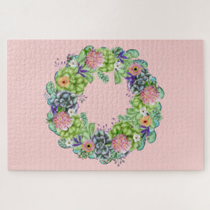 Puzzle Aquarelle succulente couronne florale sur rose