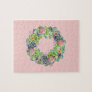 Puzzle Aquarelle succulente couronne florale sur rose