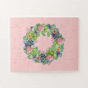 Puzzle Aquarelle succulente couronne florale sur rose