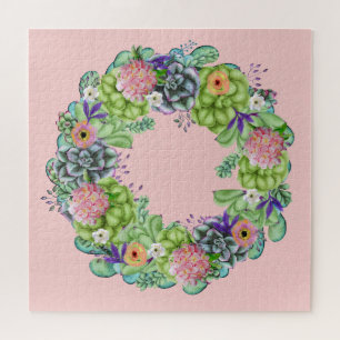 Puzzle Aquarelle succulente couronne florale sur rose