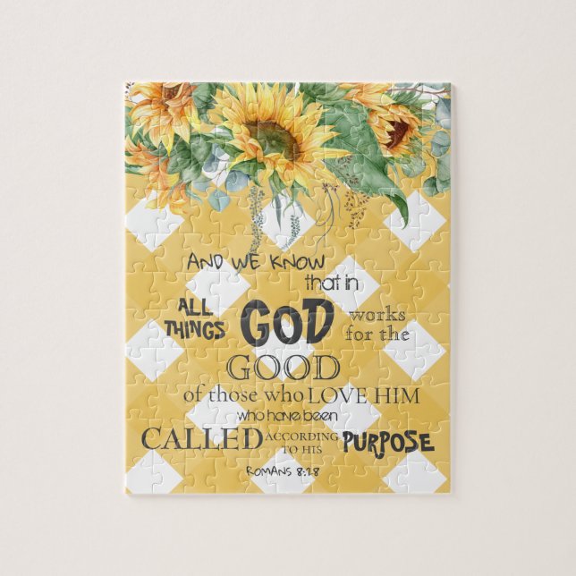 Puzzle Aquarelle Tournesol Romains 8:28 Verse de la Bible (Vertical)