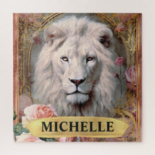 Puzzle Aquarelle Vintage Lion Blanc et Roses Roses