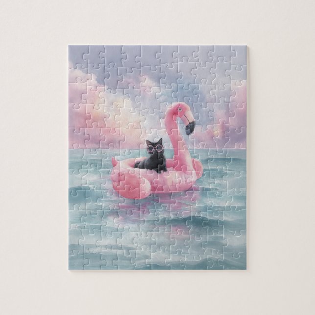 Puzzle Aquarelle Whimsical Chat noir Flamant rose Flotte (Vertical)