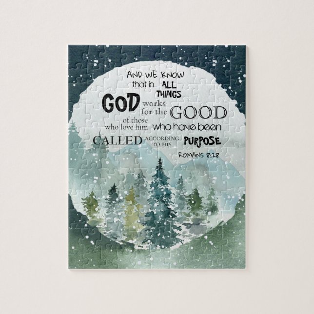 Puzzle Aquarelle Woods Romans 8:28 Verse de la Bible (Vertical)