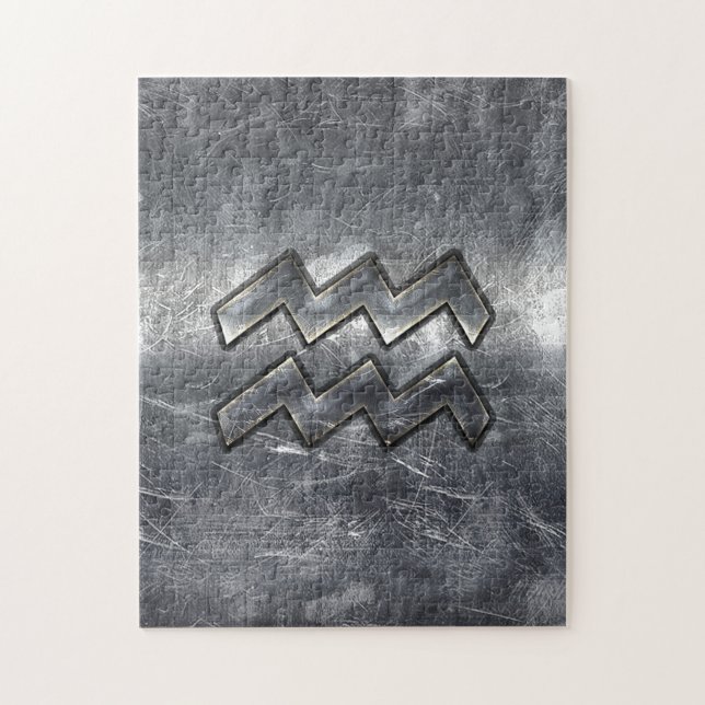 Puzzle Aquarius Symbole Grunge Distressed Silver Steel (Vertical)