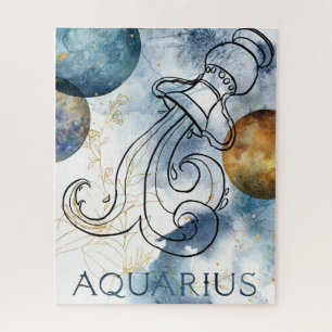 Puzzle Aquarius zodiac bleu noir fleurs planètes