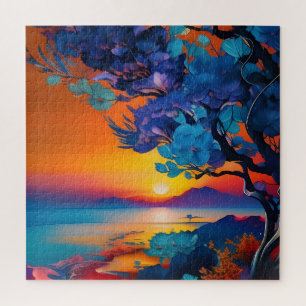 Puzzle Arbre à fleurs au lac au lever du soleil