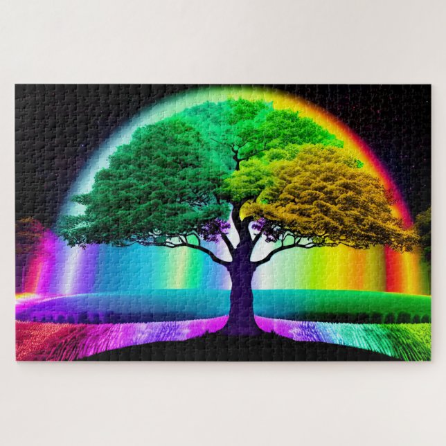 Puzzle Arbre arc-en-ciel de vie sous ciel nocturne (Horizontal)
