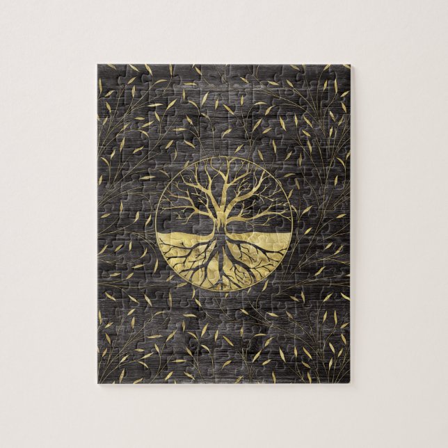 Puzzle Arbre de la vie d'or sur la texture en bois (Vertical)