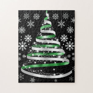 Puzzle Arbre de Noël blanc Flambeau de neige vert argenté