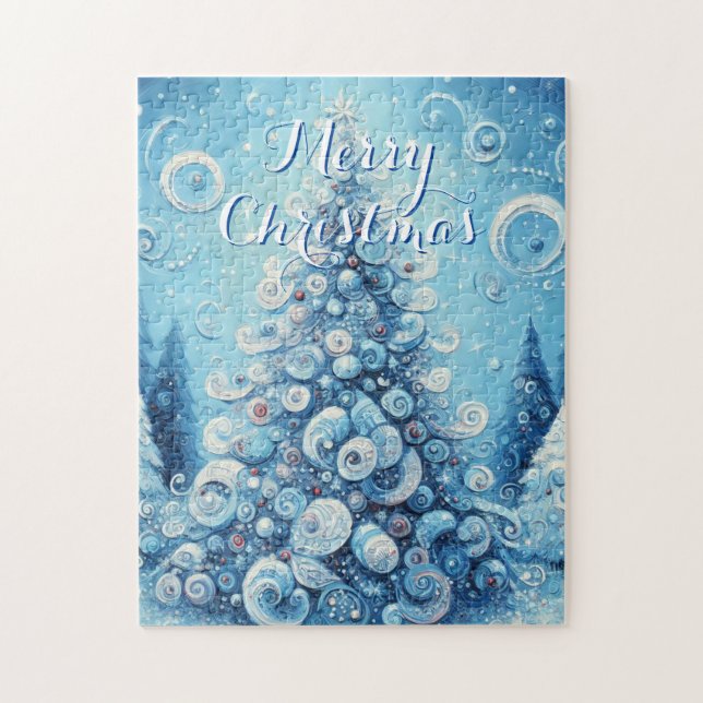 Puzzle Arbre de Noël impressionniste Whimsical Bleu (Vertical)
