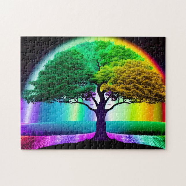 Puzzle Arbre de vie radiant avec Arrière - plan arc-en-ci (Horizontal)