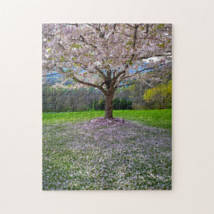 Puzzle Arbre fleuri rose cerisier avec bois