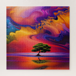 Puzzle Arbre solitaire dans l'eau ciel coloré