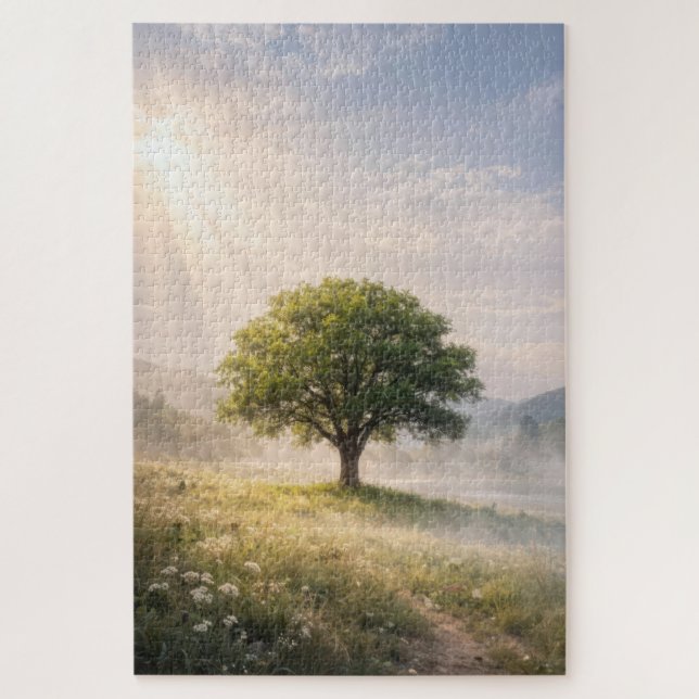 Puzzle Arbre vert solitaire avec rayons de soleil (Vertical)