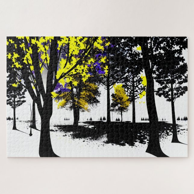 Puzzle Arbres Abstraits en silhouette jaune et bleue (Horizontal)