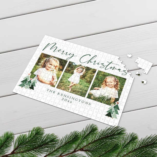 Puzzle Arbres rustiques Vacances de Noël modernes 3 Photo (Rustic Trees Modern Christmas Holiday 3 Photo Jigsaw Puzzle)